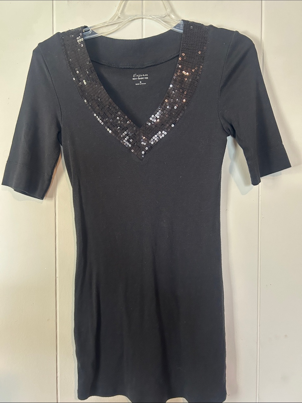 Express Black V-Neck Short Sleeve Sequin Trim Top